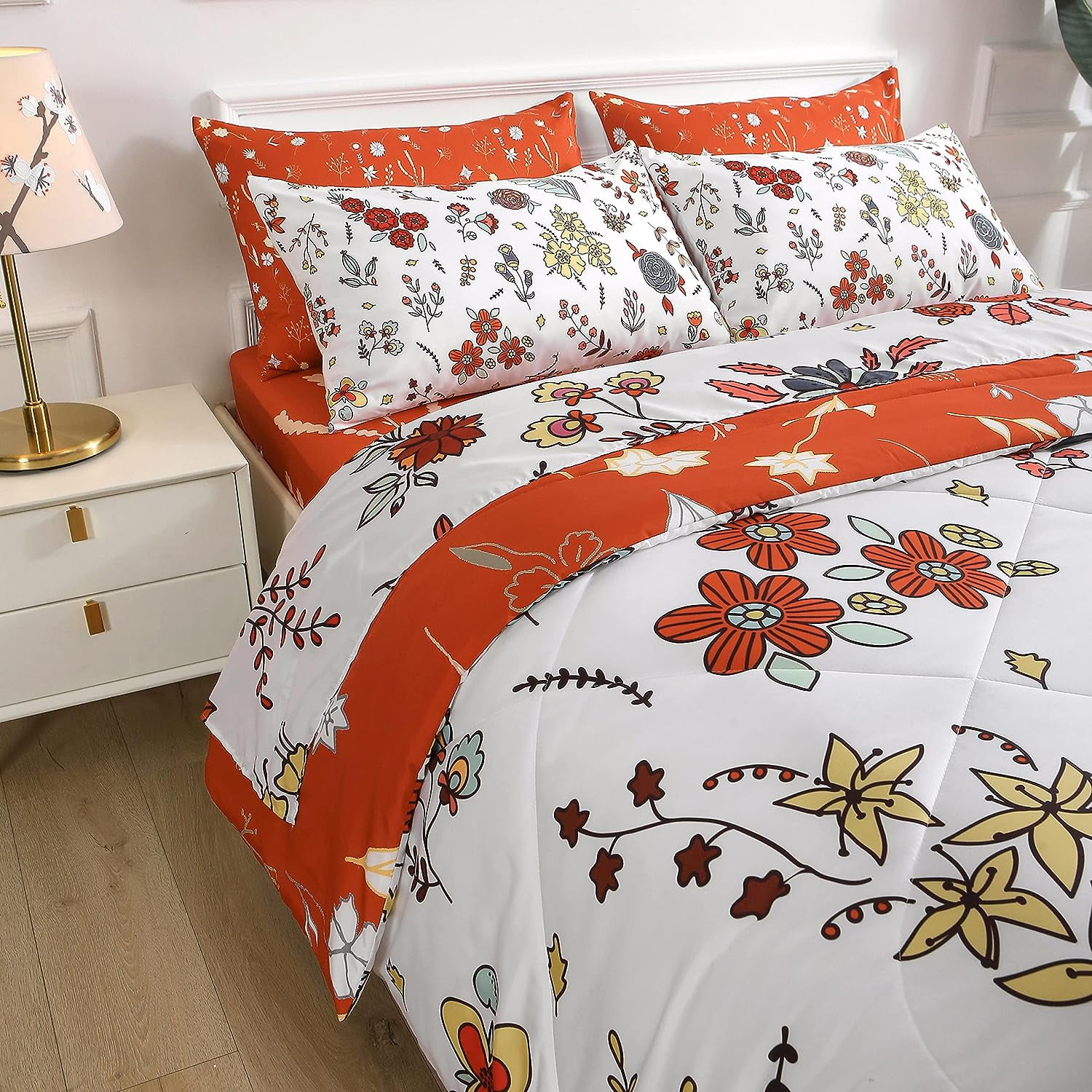 HANTU White and Burnt Orange Floral Comforter Set Queen 7 Pieces
