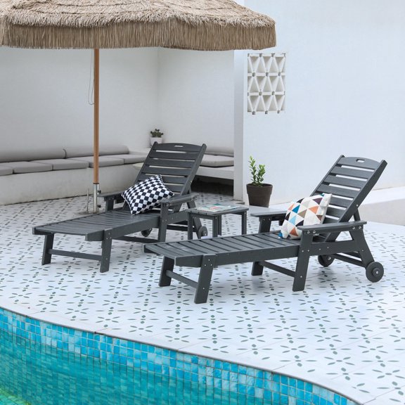 TopComfy Outdoor Chaise Lounge Chairs Set of 3 Oversized 5-Position Adjustable with Wheels Cup Holder Wood Texture Side Table Patio Gray