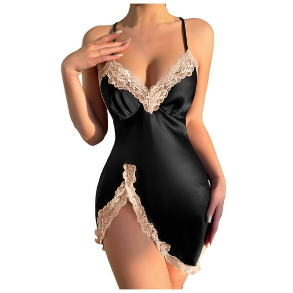 Clearance! Cqxid525 Women's Nightgown Sleepwear Women's Solid Color V Neck Lace Home Dress Fun Sleeping Slit Dress Suspenders Casual Print Sleepdress Black 1PC