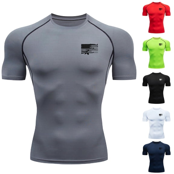 BRGZLK Men's Short Sleeve Casual Printed Sports Compression Shirts Tight Fit Elastic Round Neck Lightweight Breathable Top For Baselayer Running T-Shirt