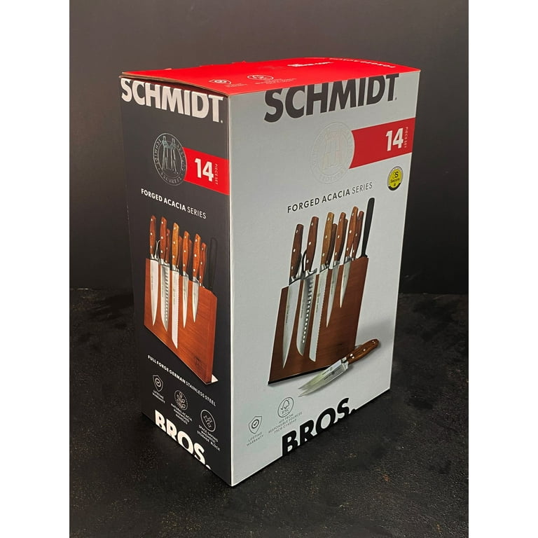 Schmidt Brothers Cutlery 14-Piece Acacia Series Forged Stainless Steel Knife Block Set with Acacia Wood Handles