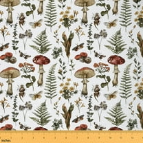 Castle Fairy Botanical Mushroom Fabric by the Yard 5 Yards, Green Leaves Fabric for Sewing, Chic Butterfly Home Decor Fabric by the Yard, White Bedroom Decor