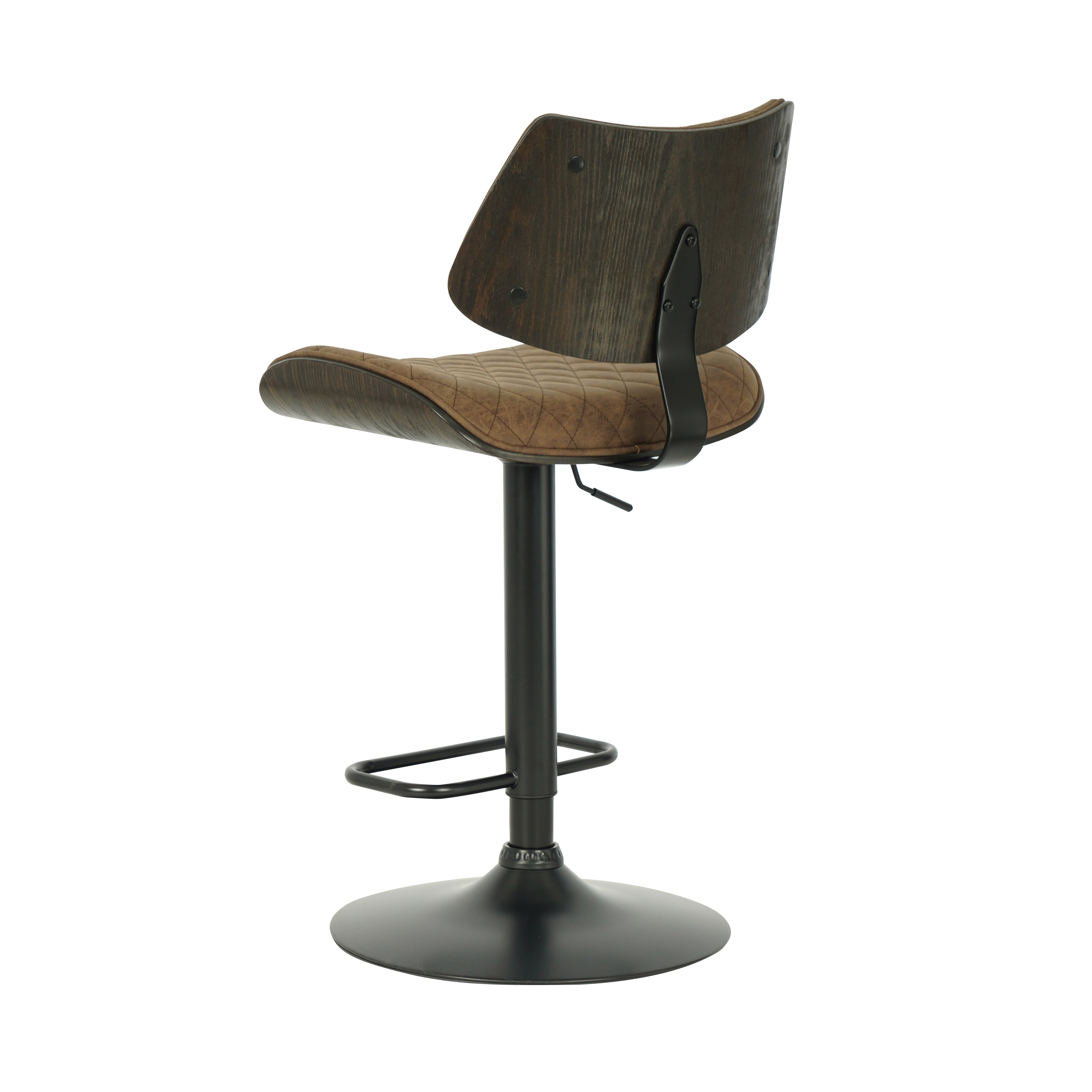 Leland Adjustable Swivel Vintage Dark Brown Curved Back Wood Bar Stool with Faux Leather Seat