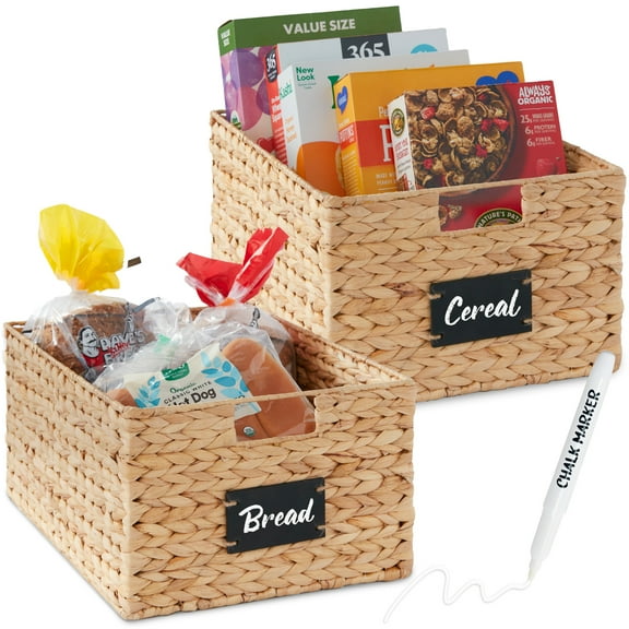 Best Choice Products Set of 2 16in Woven Water Hyacinth Pantry Baskets w/ Chalkboard Label, Chalk Marker - Natural