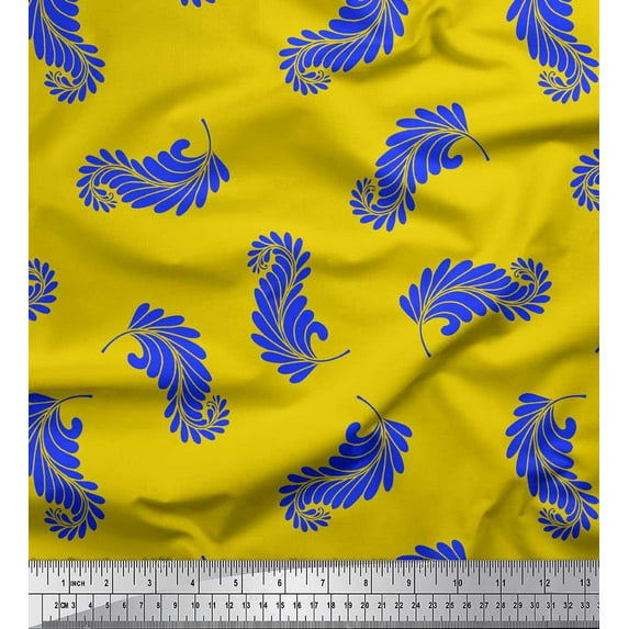 Soimoi Yellow Silk Fabric Artistic Leaves Fabric Prints By Yard 42 Inch Wide