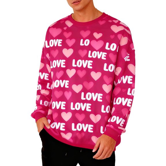 FAWUUDO Mens Valentines Day Printed Crewneck Sweatshirt Long Sleeve Pullover Casual Graphic Romantic Holiday Gift Cozy Comfortable Hot Pink L