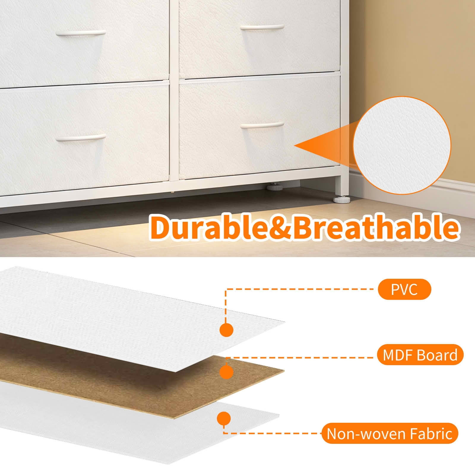 MAYEERTY 10-Drawer Storage Dresser, Cabinet with Side Pocket Hooks Wood Top for Bedroom Closet