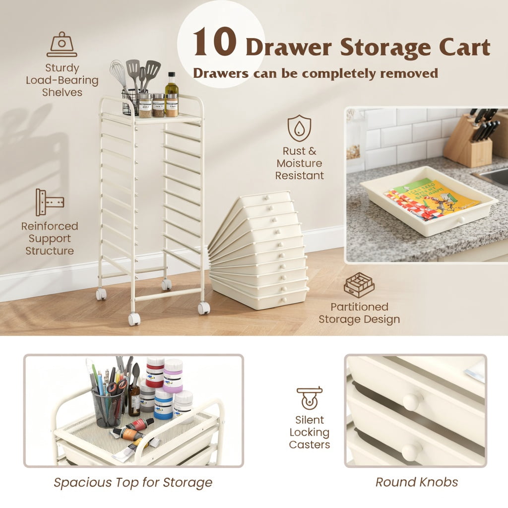 Barara King Storage Cart, Organization Storage Cart,10 Drawer Rolling Storage Cart Organizer with 4 Universal Casters-White