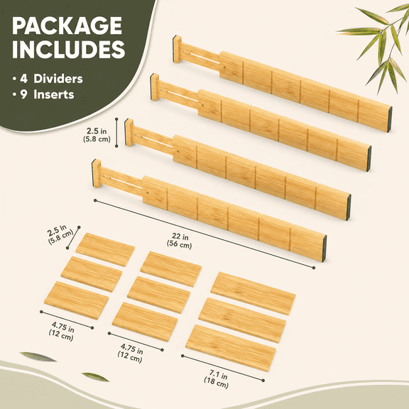 Swayvoo Bamboo Drawer Dividers, Adjustable Kitchen Drawer Organizer Set with Spring Loaded Separators for Kitchen, Bedroom, Bathroom and Office Storage