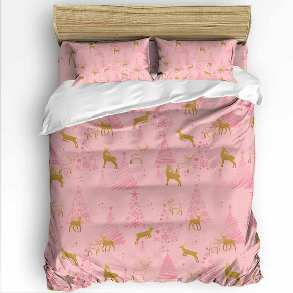 Pink Christmas Queen Size Comforter Set, Pine Trees Winter Gold Reindeer Soft Bedding for All Seasons, 4 Pcs Bed Set with 1Comforter (90"x92") ,1 Sheet(94"x116"), 2 Pillowcases (19"x29")