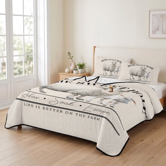 Twin XL Quilt Bedding Set, Rustic Animal Farmhouse Sheep Lightweight Coverlet Summer Comforter Set Soft Microfiber Bedspread, Sweet Home Quote on Beige 3 Piece Quilt Set with 2 Pillow Shams