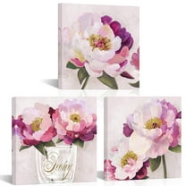 Furnster Peony Wall Art Flower Canvas Prints Vibrant Hibiscus Flower Pictures Wall Decor, Modern Botanical Painting for Living Room, Bedroom, Bathroom, 12x12 Inch (Set of 3) Ready to Hang