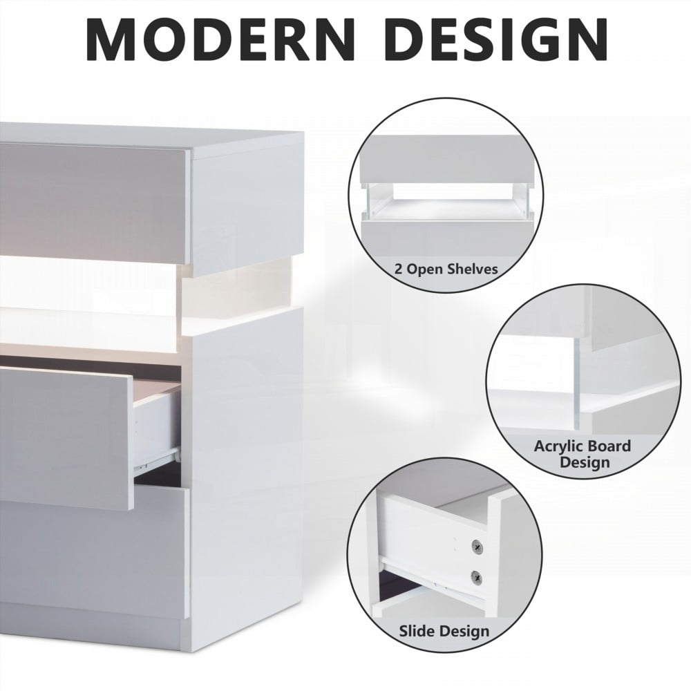 White LED Nightstands 3 Drawer Dresser Featuring Acrylic Board & LED Lighting (Bedroom & Living Room)