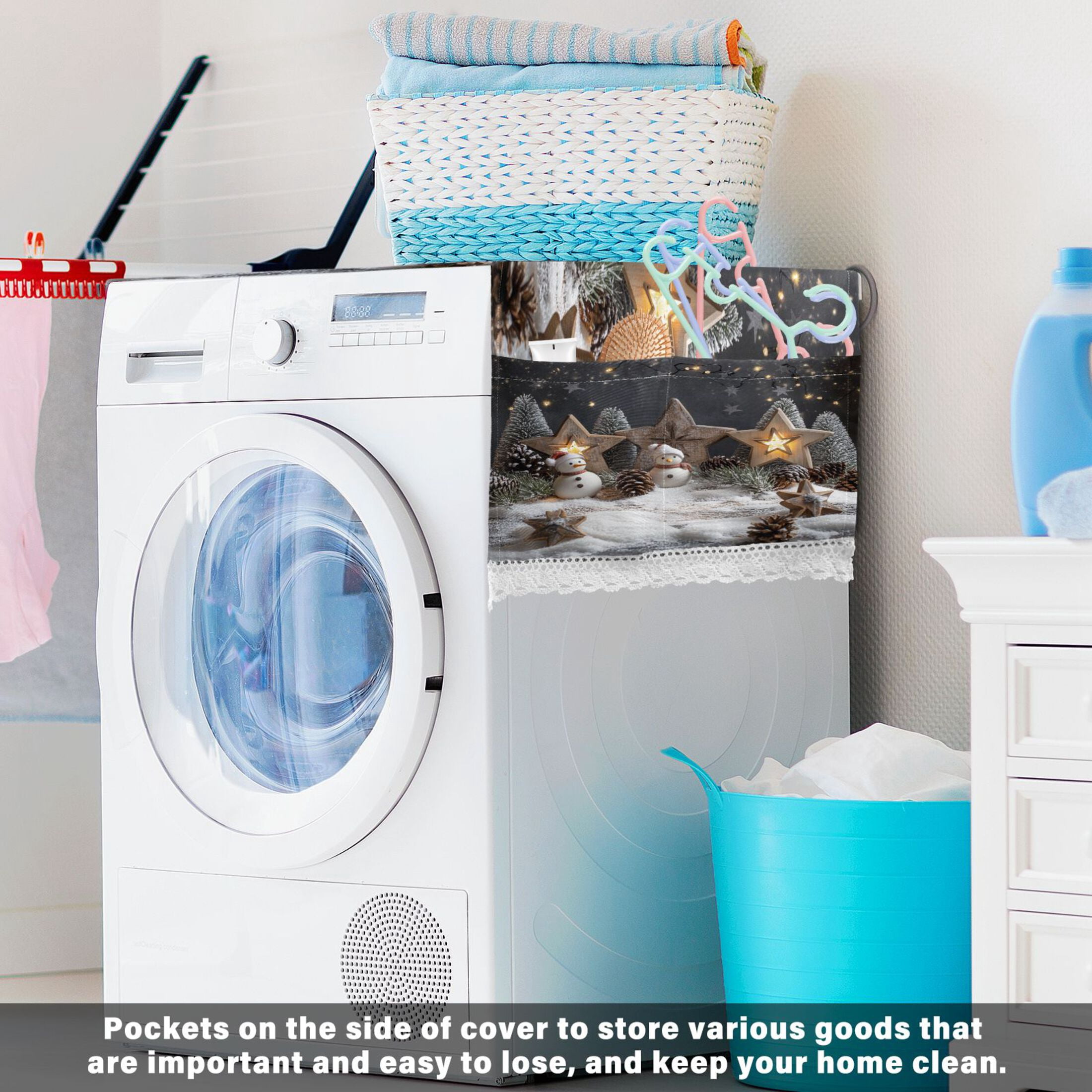Christmas Backdrop PatternWasher and Dryer Covers Dust-Proof and Oil Resistant Fridge Cover with 4 Storage Pockets Washing Machine Top Cover for Laundry Kitchen Home 51.2 x 22 In