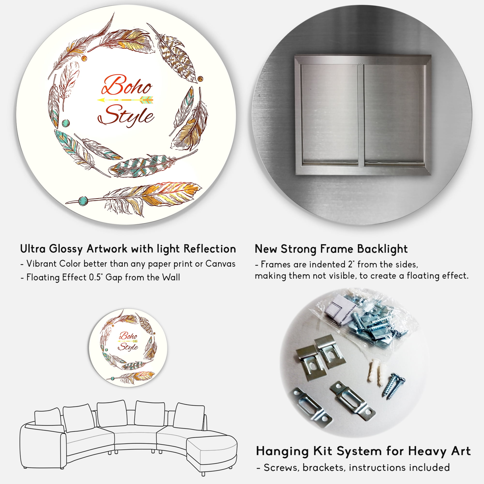 Designart 'Wreath Of Ethnic Beige Boho Feather' Bohemian & Eclectic Circle Metal Wall Art 36x36 - Disc of 36