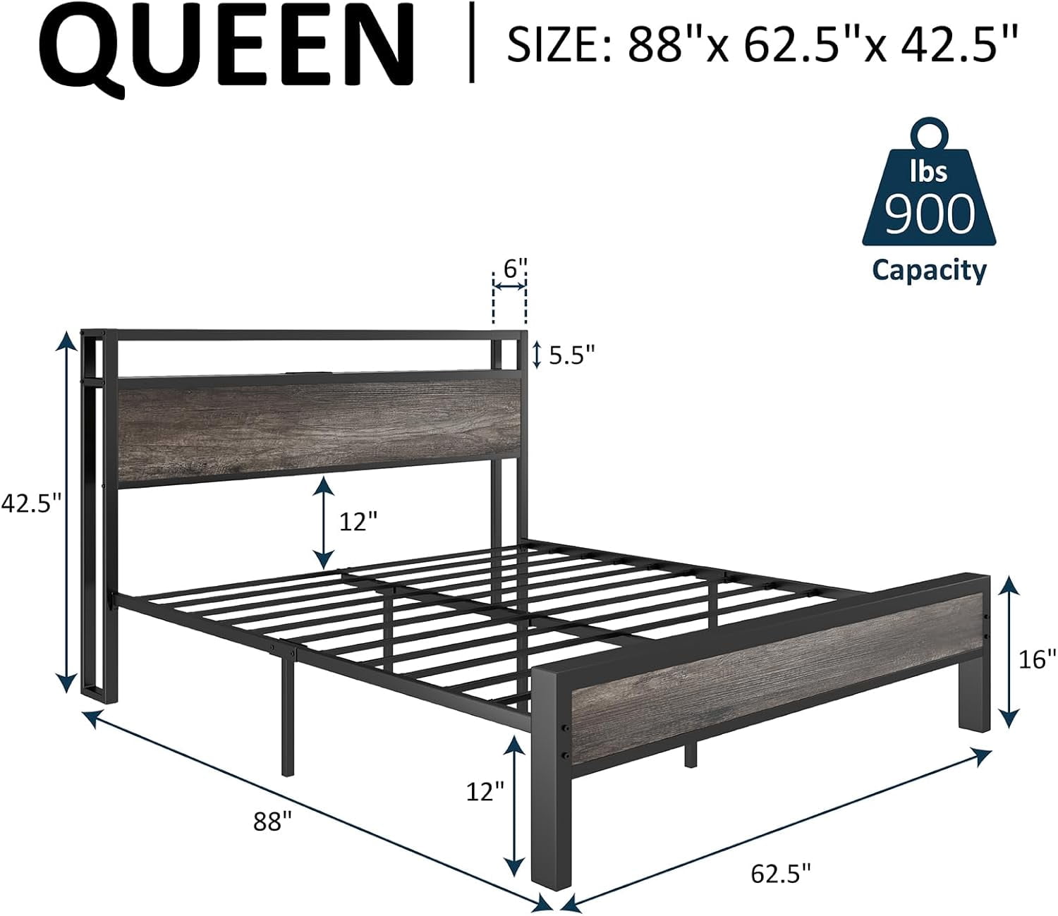 Merluxy Queen Size Bed Frame Industrial Platform Bed with Charging Station, 2-Tier Storage Headboard/ No Box Spring Needed/ Noise-Free/ Rustic Gray