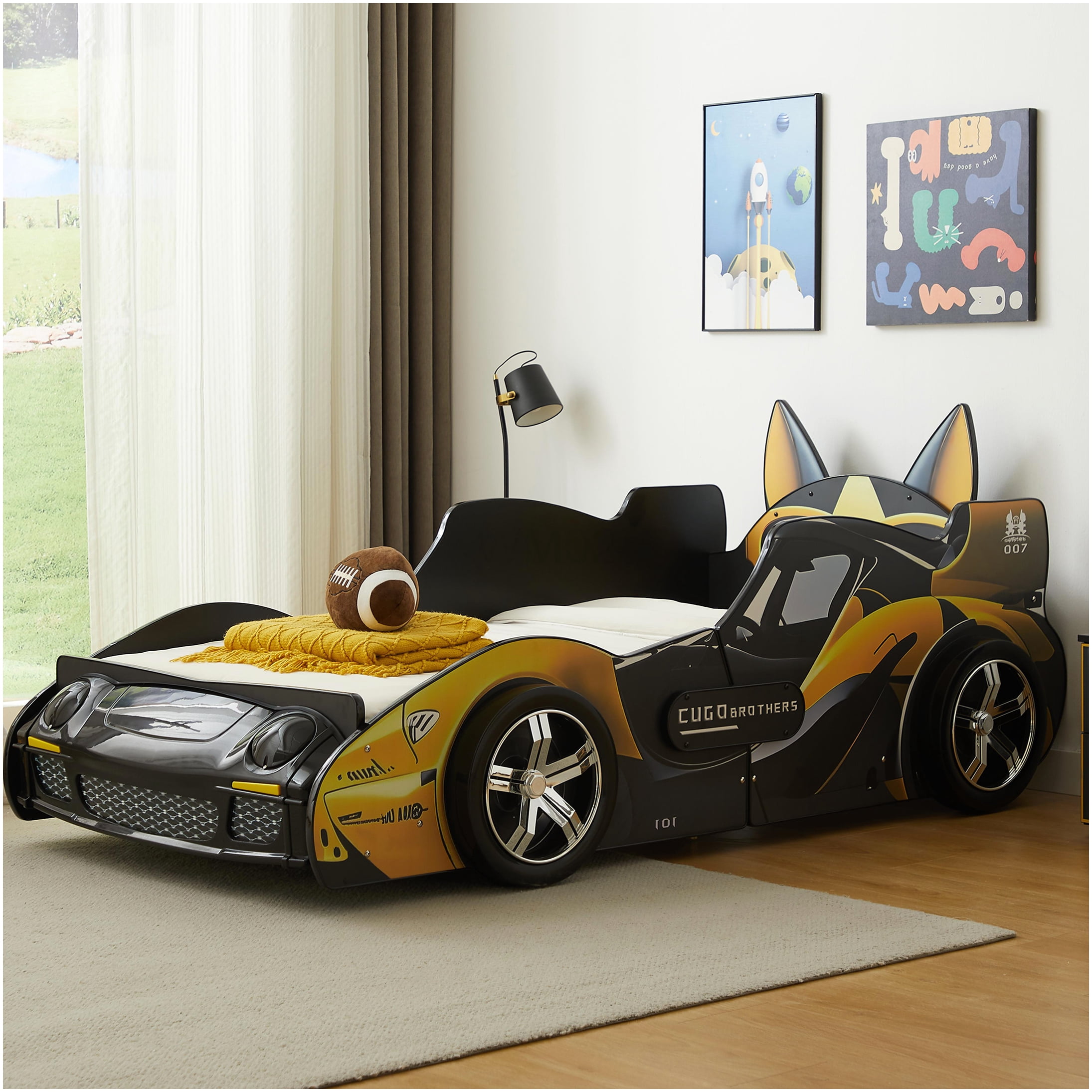 Twin Size Race Car Bed with LED Lights, Cartoon Dog Themed MDF Platform Bed with Guardrails