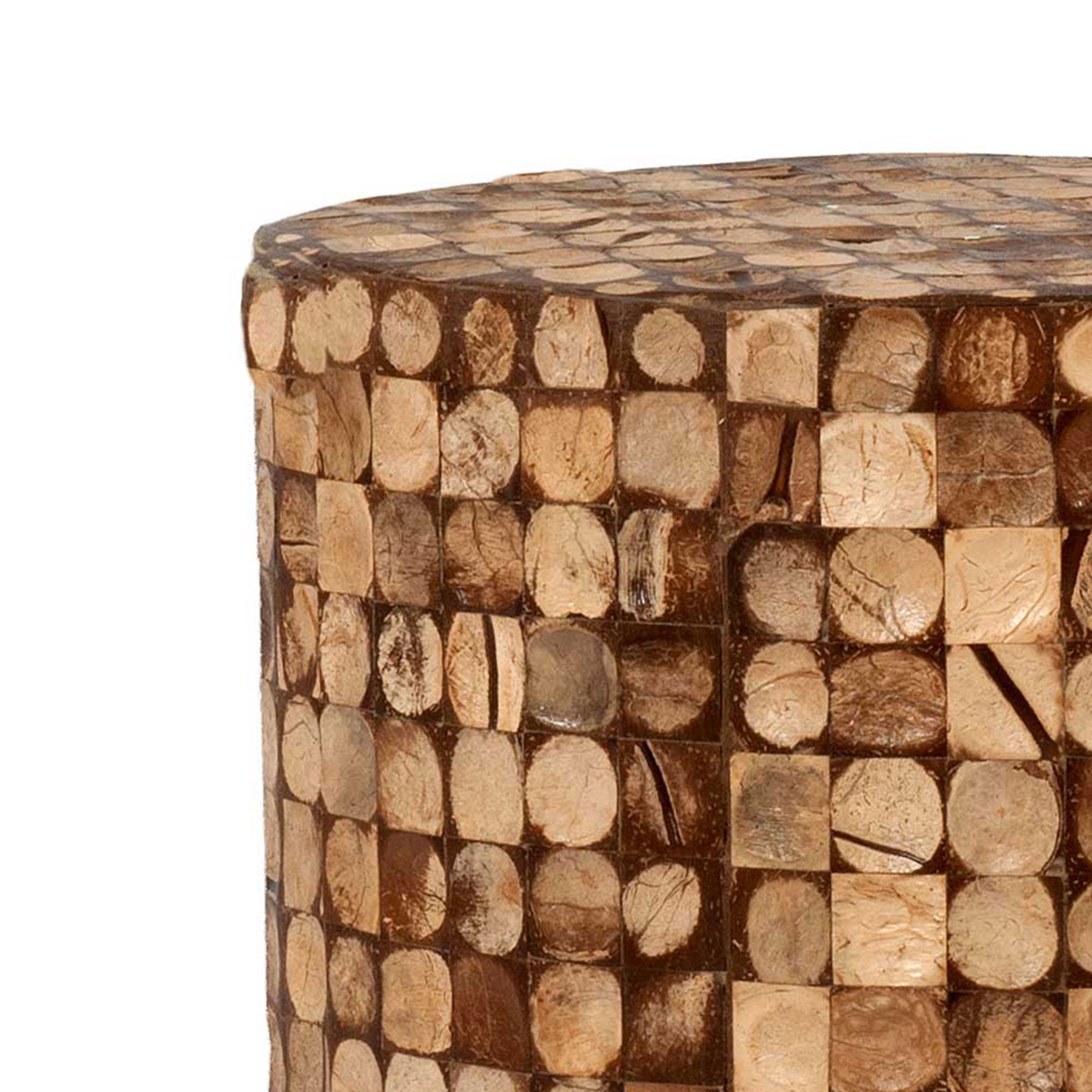 "East at Main Mila Round Natural Brown Distressed Coconut Shell Drum End Table, 16""Dia x 16.5""H"