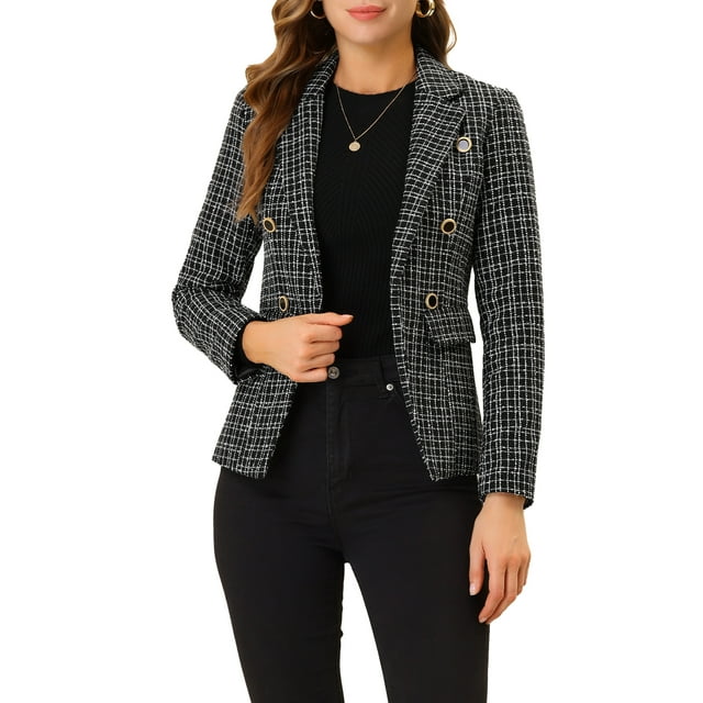 INSPIRE CHIC Vestes en Tweed pour Femmes Col Cranté Manches Longues Ouvert devant Blazer en Tweed à Carreaux TP Noir Brillant