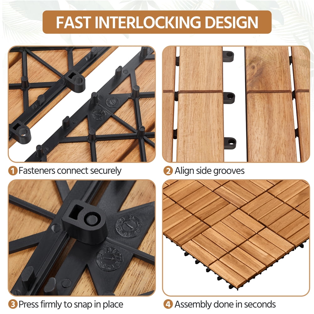 Renwick Pack of 27 Waterproof Wood Flooring Tiles for Patio Garden Deck Poolside, Wood