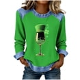 thumbnail image 3 of TaTaai Ladies Crew Neck St Patrick's Day Print Waffle Knit Top Denim Panel Long Sleeve Casual Solid Color Fashion Shirt for Daily Wear Gift, 3 of 5