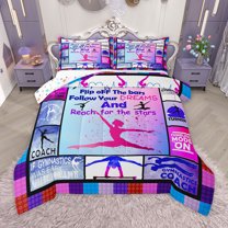 Homewish Gymnastics Girl Queen Comforter Set,Patchwork Geometric Grid Bedding Sets,Pink Splashing Ink Bedding Comforter Set For Kids,Ultra Soft Home Decor Reversible,3pcs