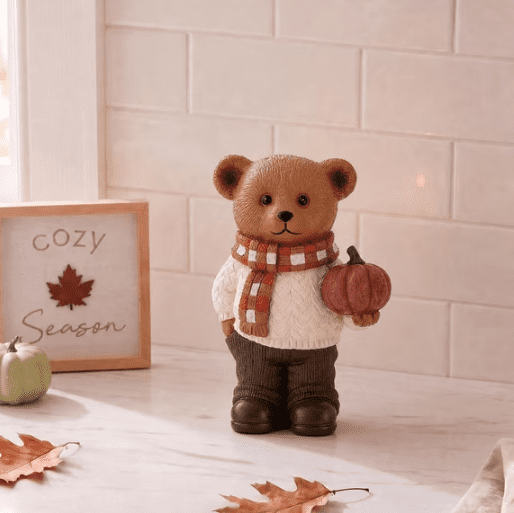 Resin Bear with Pumpkin Decorative Figurine, Multicolor, 6", Thanksgiving Bear Figurine Wearing Plaid Scarf, Cute Fall Season Tabletop Home Decoration