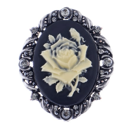 Vintage Inspired Antique Reproduct Rose Pink Crystal Flower Cameo Pin Brooch, Black