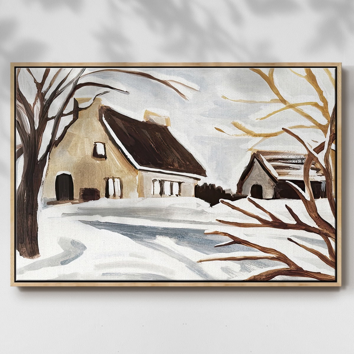 Winter Cottage II - Framed Gallery Wrapped Holiday Canvas - 17 x 25 - Natural Wood Frame