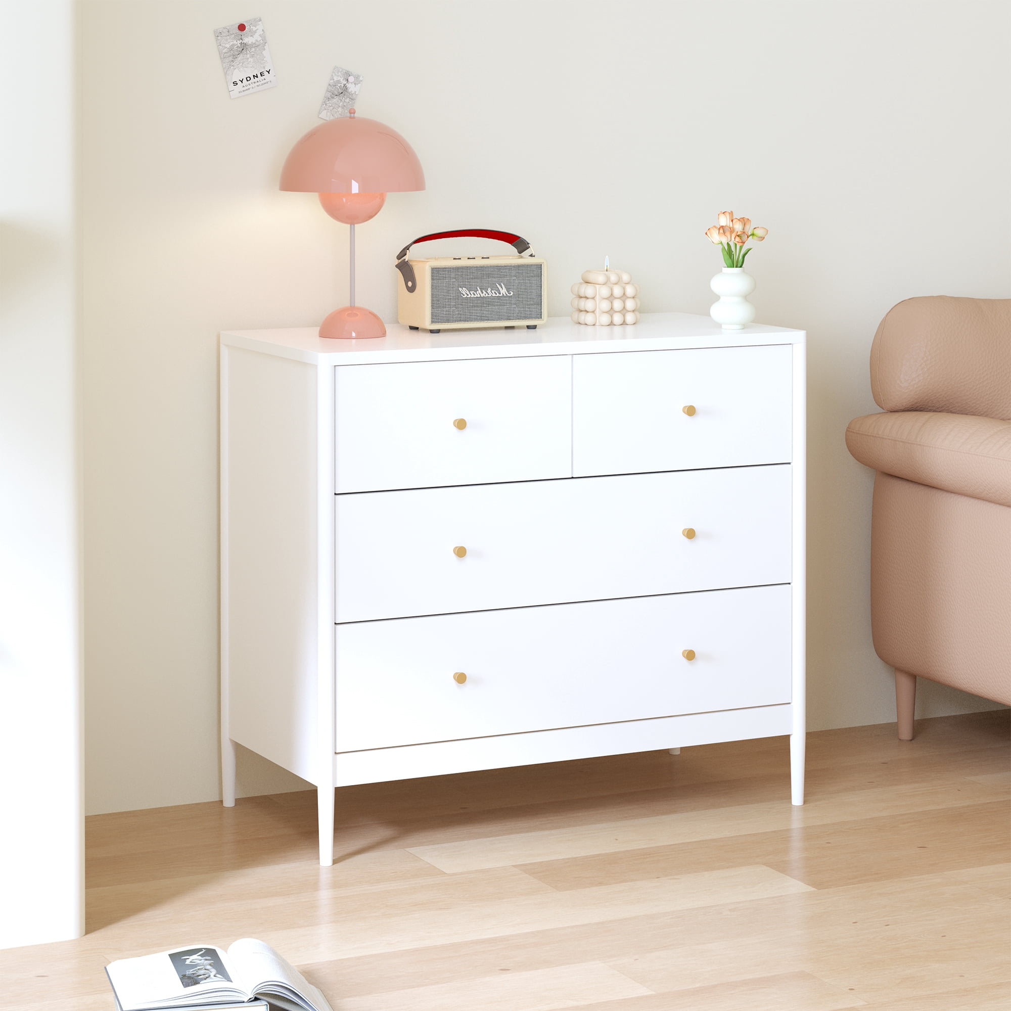 Aukfa 4 Drawer Dresser for Bedroom, Wooden Chest of Drawers Storage Cabinet,White