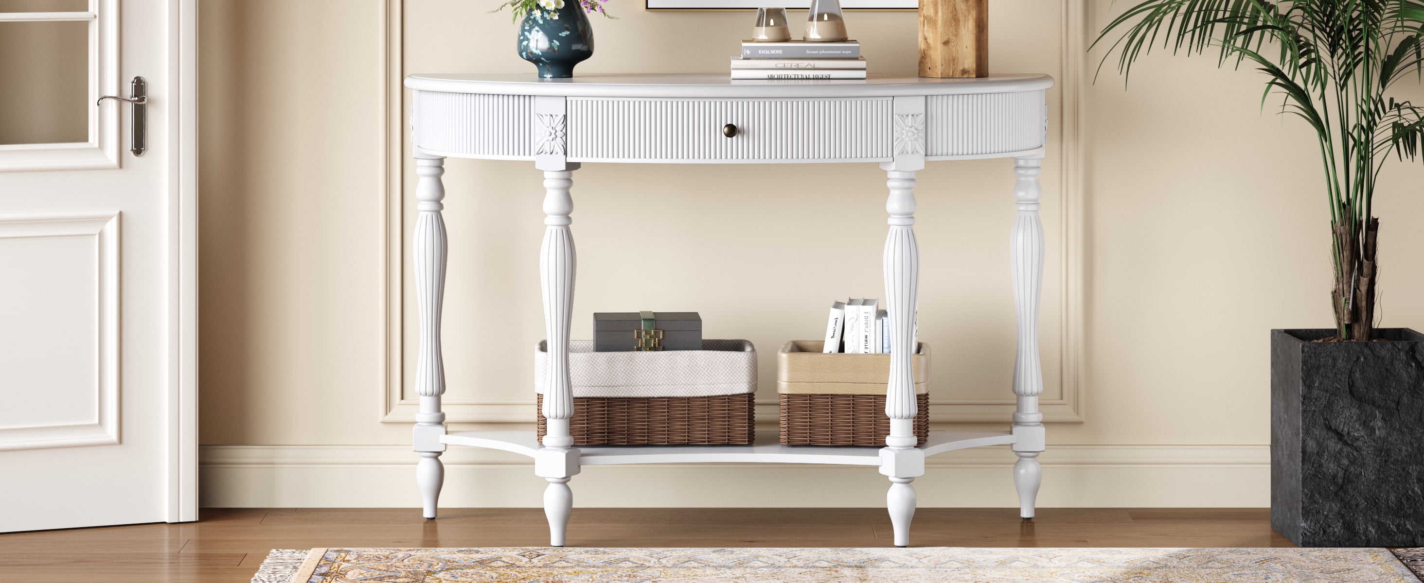 Solid Wood Half Moon Console Table with Drawer & Shelf, Fluted Vintage Curved Entryway Table for Hallway Living Room Foyer, Narrow Space Sofa Table with Roman Column Carved Legs, White