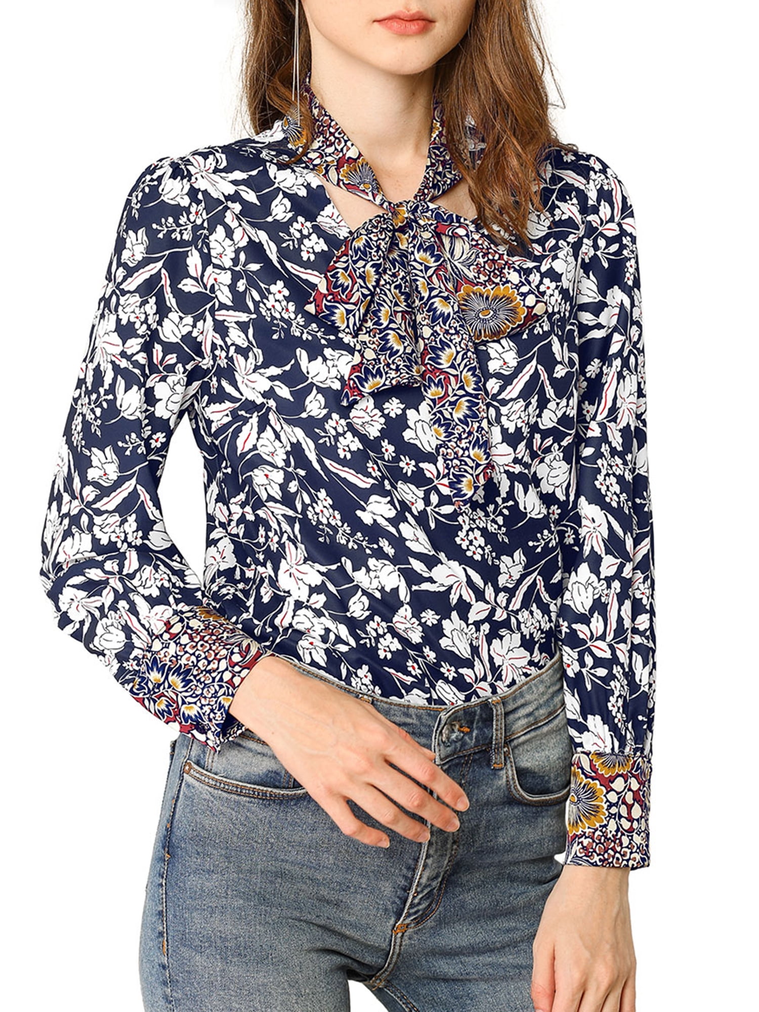 Unique Bargains Women's Boho Floral Printed Shirt V Neck Pussy Bow Blouse