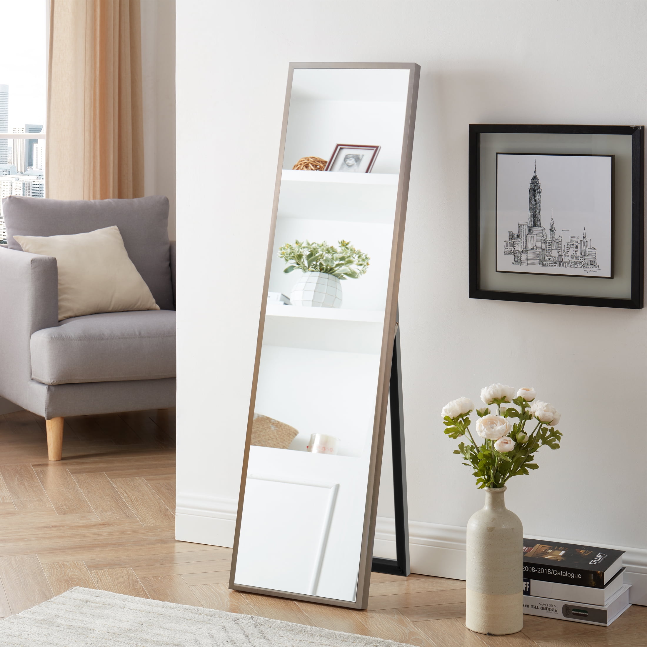 Mainstays 17.6x58.2 Gold Framed Floor Mirror for Bedroom or Living Room
