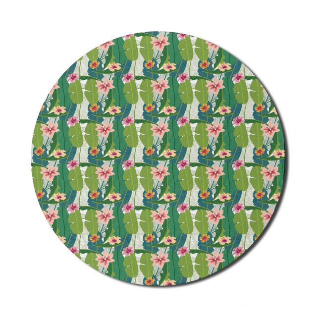 Aloha Mouse Pad for Computers, Banana Leaves with Colorful Blossoms of Hawaiian Flowers Nature Theme Print, Round Non-Slip Thick Rubber Modern Gaming Mousepad, 8" Round, Multicolor, by Ambesonne