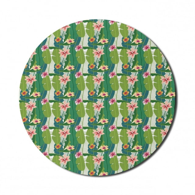 Aloha Mouse Pad for Computers, Banana Leaves with Colorful Blossoms of Hawaiian Flowers Nature Theme Print, Round Non-Slip Thick Rubber Modern Gaming Mousepad, 8" Round, Multicolor, by Ambesonne