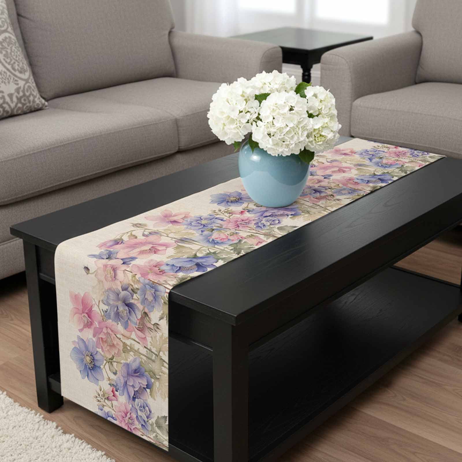 Pink Blue Spring Floral Table Runner 120 Inches Long, Rustic Summer Flower Botanical Kitchen Coffee Dining Table Decoration for Home Party Birthday Wedding Home Decor 13x120 Inches