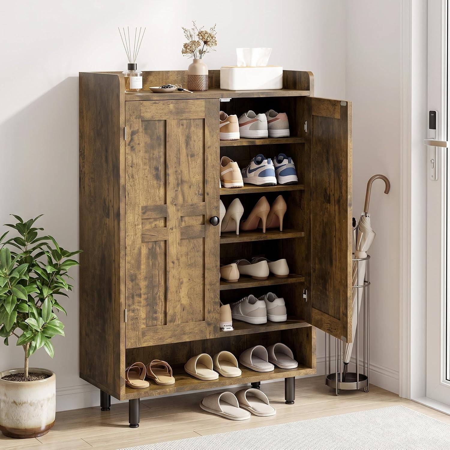 6-Tier Shoe Storage Cabinet 45 Tall Entryway Shoe Storage Rack with Adjustable Shelves & Doors for High Heels Boots and Sneakers Rustic Brwon