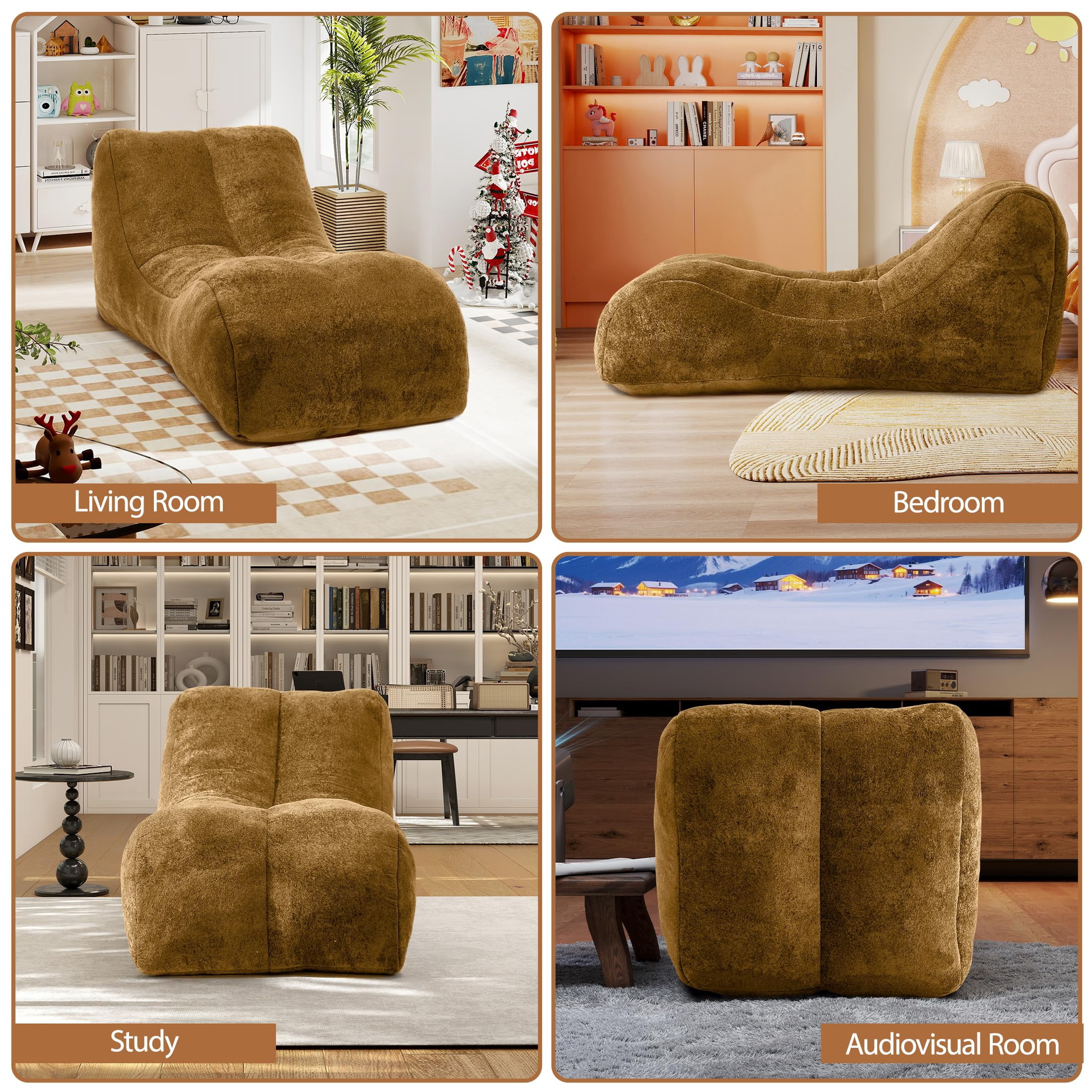 Aukfa Chaise Lounge, Bean Bag Sofa for Stretching, Relaxation, High Density Foam Recliner, Brown