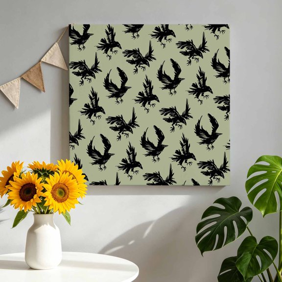 Halloween Crow Canvas Wall Art for Living Room, Black Crow Vintage Green Decoration Poster Print Painting for Bedroom Office Home Decoration Wall Pictures Prepare To Hang 12"x12"