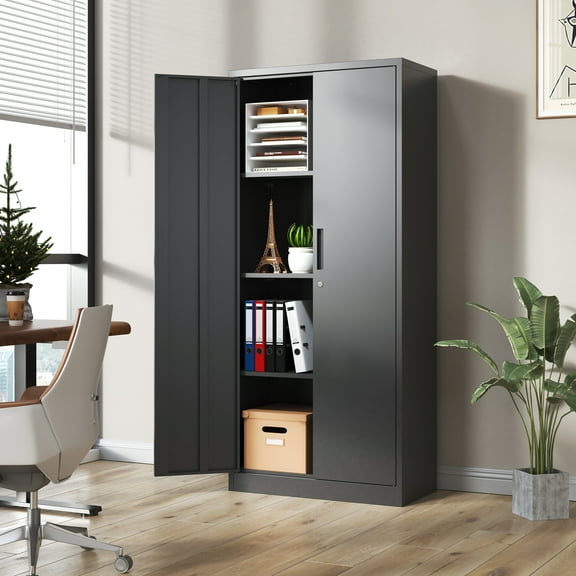 JXXRZ 70" Metal Storage Cabinet with Lock, Hanging Rod, Adjustable Shelves