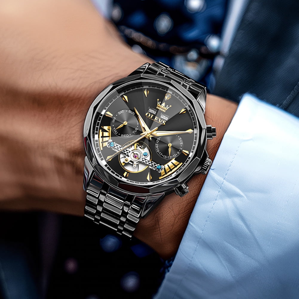 OLEVS Automatic Watches for Men Luxury Dress Waterproof Self Winding Mechanical Chronograph Diamond Stainless Steel Luminous Date Skeleton Tourbillon Mens Watches Gift Reloj Para Hombre Black Dial