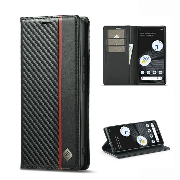 Nalacover Wallet Case for Google Pixel 7 Pro, Carbon Fiber Premium PU Leather Magnetic Closure Soft Silicone Shockproof Flip Cover with Kickstand Credit Card Slots Holder Folio Case, Black (Vertical)