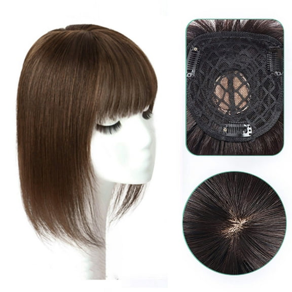 viviabella Hair Toppers for Women Clip in Human Hair Pieces With Bangs 8” 12” Silk Base Crown Top Toupee Fringe for Loss Thinning Hair Replacement Extensions for Straight Hair