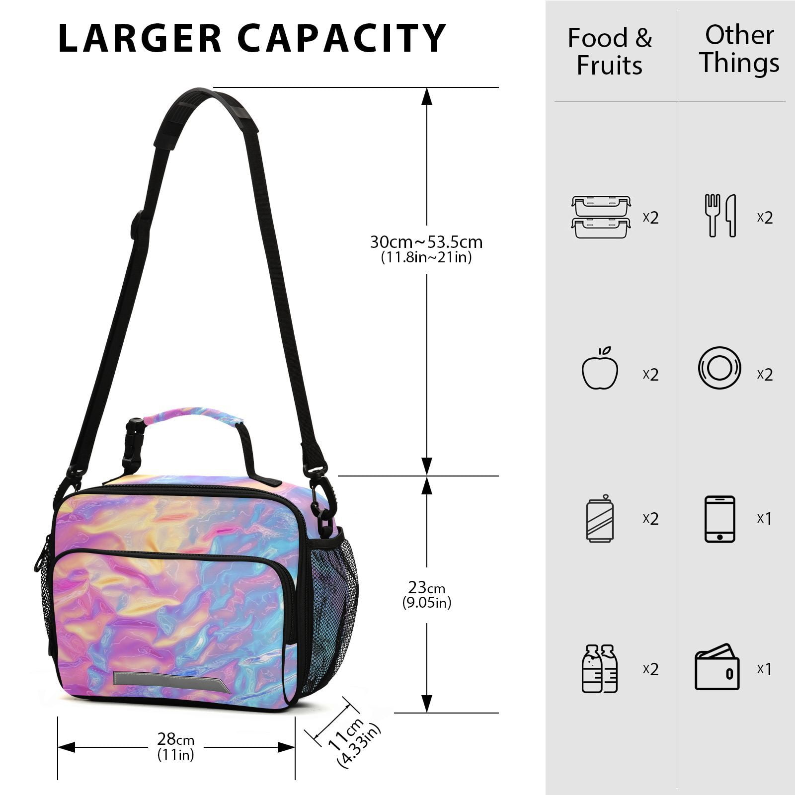 Colorful Hologram Waves Lunch Bag Cooler Bag Cooling Tote Portable Shoulder Strap Interior Pockets for Picnic Travel