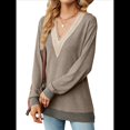 thumbnail image 1 of Blusas de Otoño para Mujer, con Escote en V, Encaje, Larga, Holgadas, con Ribete de Bloques de Color, Moda 2025 Color Café L, 1 of 10
