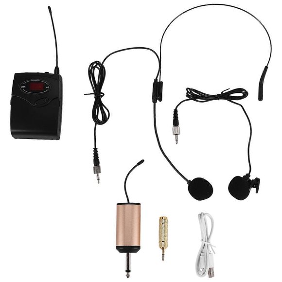 Wireless Microphone Set with Head-Wear + Lavalier Lapel Mics mitter Receiver UHF Frequency for