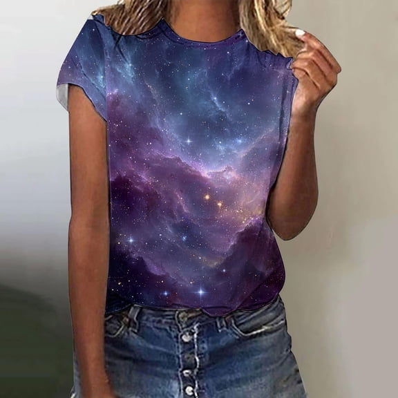 Womens Summer Tops Starry Night Print Women's Short Sleeve T Shirt Loose Fit Casual Crew Neck Top