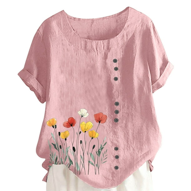 Vestidos Casuales Para Mujer, Blusas De Mujer De Moda Camiseta informal de verano con cuello redondo, manga corta y botones estampados para mujer