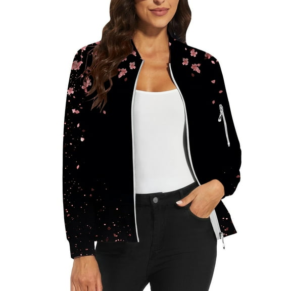Bovemsi Women's Floral Bomber Jacket 2025 Causal Zip Up Coats Long Sleeve Stand Collar Fall Jackets Lightweight Outerwear Tops Light Jackets