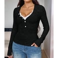 thumbnail image 4 of Women Lace Henley T Shirts Button Down Slim Fit Tops Long Sleeve V-Neck Tunic Top Blouse Black L, 4 of 8